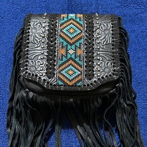 Montana West Black Fringe Crossbody with Turquoise & Orange Bead Panel